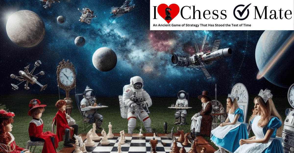 Step into a whimsical cosmic chess game inspired by Alice in Wonderland, where Alice vs the Queen of Hearts. The game is played in outer space with astronauts and Wonderland characters looking on, adding an otherworldly twist to the classic strategy.